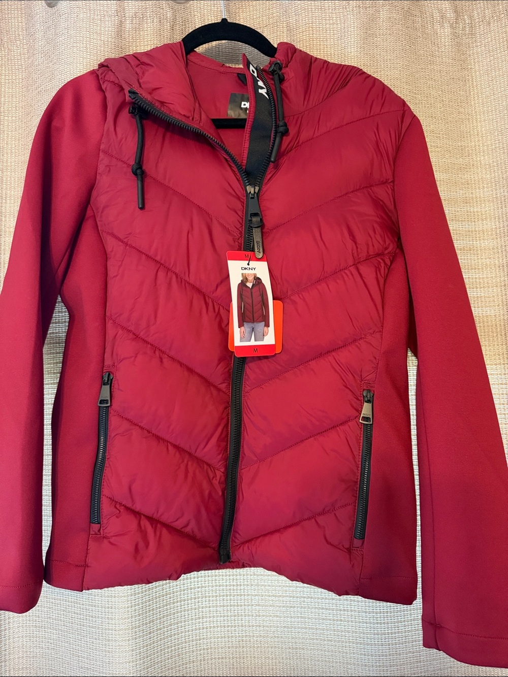 DKNY Red Quilted Hooded Puffer Jacket